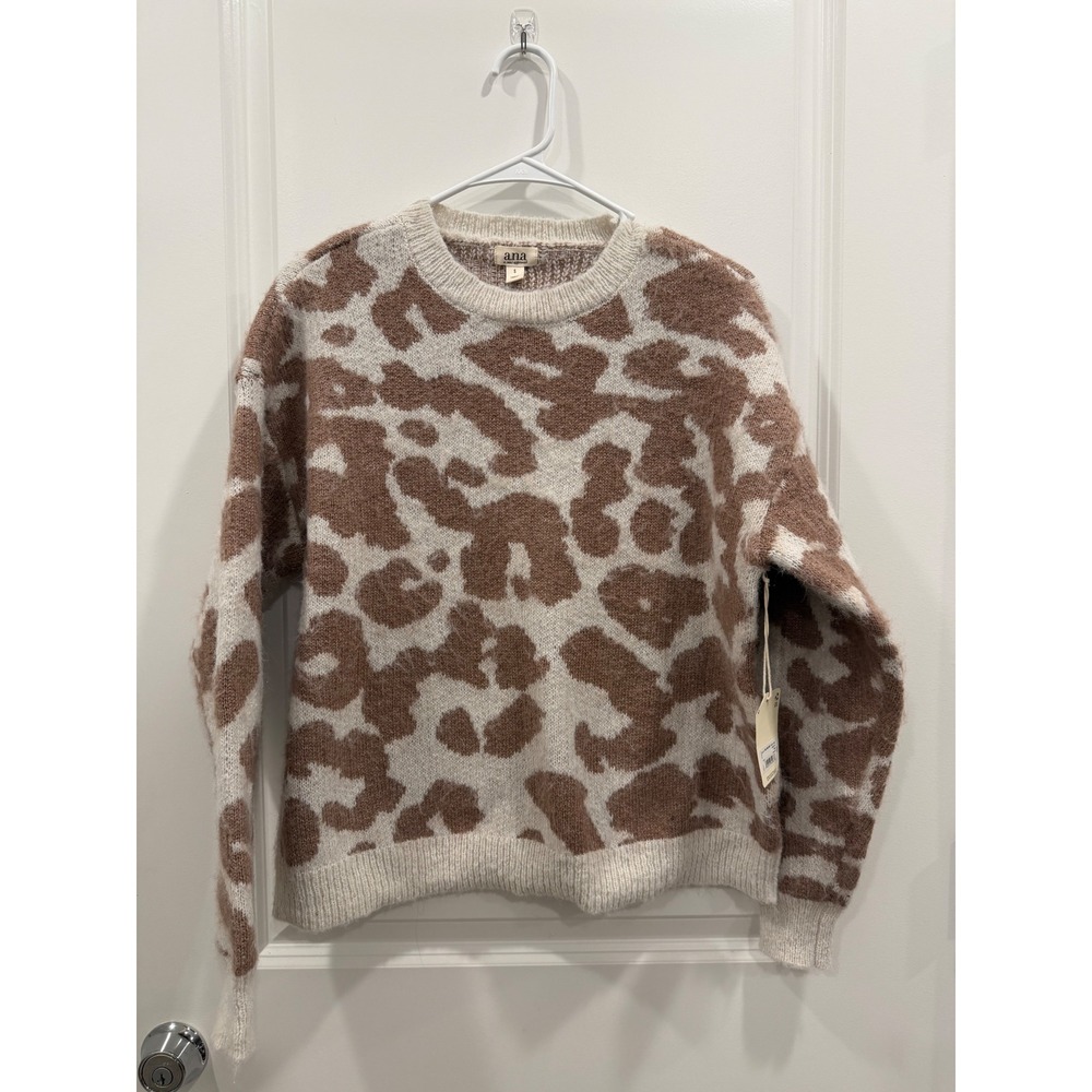 a.n.a Womens Leopard Print Crewneck Sweater Beige Snow NWT Small